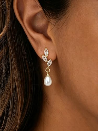 Pearl Earrings for Women Trendy, 14k Gold Plated Freshwater CZ Leaf Pearl Dangle Drop Gold Earrings Lightweight Hypoallergenic Stud Earring Bridesmaid Wedding Gold Jewelry for Women Gifts - style: leaf pearl dangle earrings