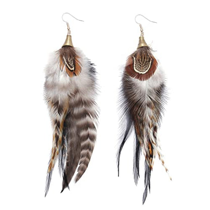 Bohemian Pheasant Peacock Long Feathers Statement Earrings Handmade Natural Lightweight Feather Dangle Earrings for Women (ea000071) - color: Brown A