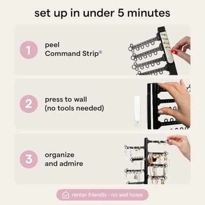 12-Tier Hanging Wall Jewelry Organizer, Earring,Necklace,Ring Holder-Black | Large Capacity with 120 Earring Holes, Rotating Branches, genuine 3M Command Strips, Bracelet, Ring & Necklace Storage - color: Black 12-Tier