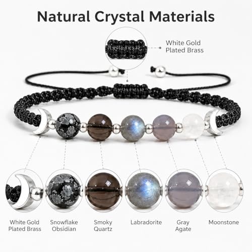 Moon Phases Crystal Healing Bracelet for Women, Adjustable Natural Stone Beaded Bracelet, Anxiety Stress Relief Self-Reminder Spiritual Jewelry, Spiritual Meditation Gift - color: Gray