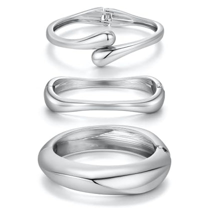 Chunky Gold Bangle Bracelets for Women Trendy 14K Gold Plated Cuff Bracelets Stack, Dainty Gold Bracelet Sets Non Tarnish Fashion Jewelry Gift - style: 3pcs-Silver