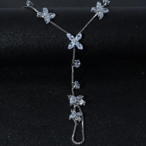 Butterfly Barefoot Sandals Anklet for Women Cubic Zirconia Flower Anklet with Toe Ring Beach Summer Ankle Bracelets Foot Chain Jewelry - color: Silver