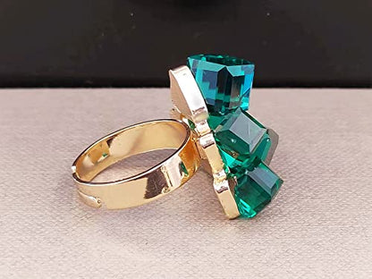 Hebelee Boho Square Crystal Statement Ring for Women Adjustable | Gold-Toned Expandable Promise Engagement Geometric Rings Comfort Fit Elegant Art Deco Christmas Cocktail Y2K Jewelry - color: Green