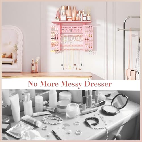 Emfogo Jewelry Organizer Hanging Wall Mounted Jewelry Holder, 5-in-1 Large Capacity Wood Necklace Organizer Wall Display for Ring, Necklaces, Bracelets, Earrings (Pink) - color: Pink