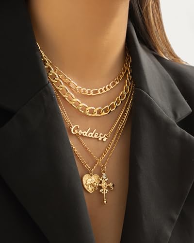Gold Layered Necklaces for Women Chunky Layered Gold Link Chain Necklaces Trendy Paperclip Herringbone Toggle Clasp Necklace Statement Jewelry Accessories for Her - color: A6:heart goddess necklaces