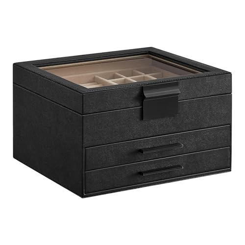 SONGMICS GISELLA Collection - Jewelry Box Organizer, 3-Layer Jewelry Storage with 2 Drawers, Shiny Metal Hardware, Glass Lid, Modern, 8 x 9.1 x 5.3 Inches, Graphite Black and Silver UJBC239BK - color: Ink Black + Silver, size: 3 Layer (8"d X 9.1"w)