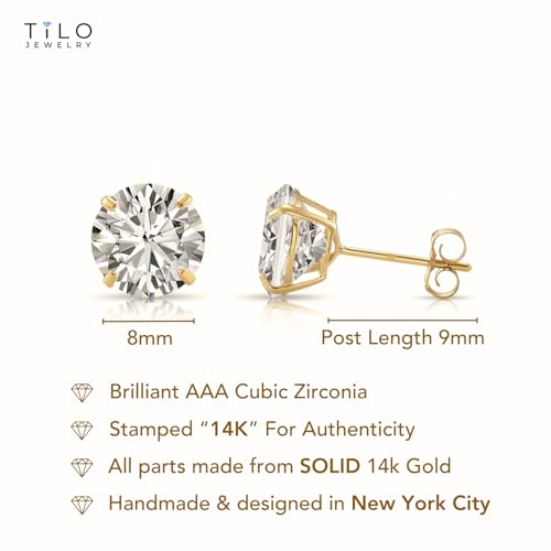 14k Yellow Gold Solitaire Round Cubic Zirconia Stud Earrings - Pushbacks - style: 8mm