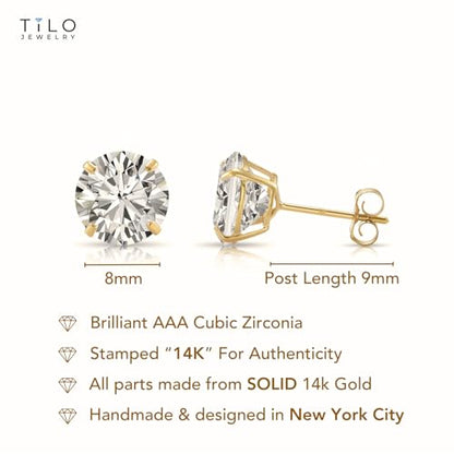 14k Yellow Gold Solitaire Round Cubic Zirconia Stud Earrings - Pushbacks - style: 8mm