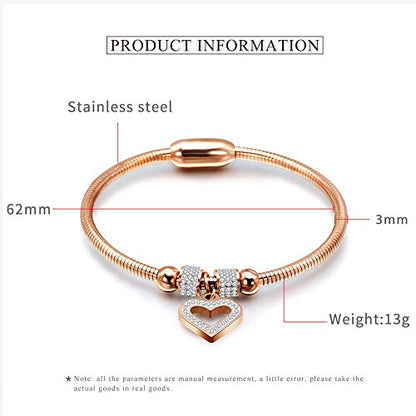 Jude Jewelers Stainless Steel Heart Charm Cubic Zircon Anniversary Valentine Bangle Bracelet - color: Rose Gold