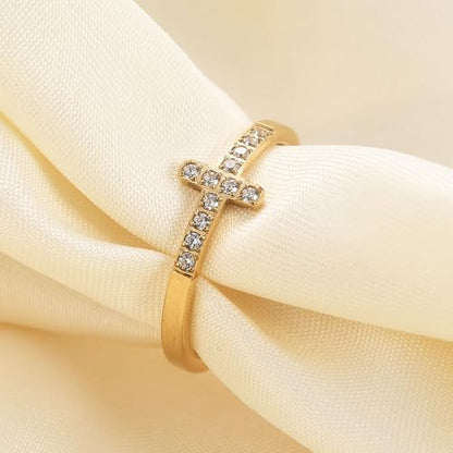 2mm 5mm Tainless Steel Cubic Zirconia Wedding Band Rings For Women,Stackable No Tarnish Fashion Cross Rings Size 4-10 - color: Cross-gold