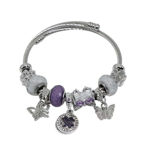 Charm Bracelets for Womens,Exquisite Cute Cartoon Friendship Silver Bracelets Stainless Steel Bangle, Womens Jewelry Suitable for Holiday Gifts and Birthday Gifts - color: Purple Four Leaf Clover
