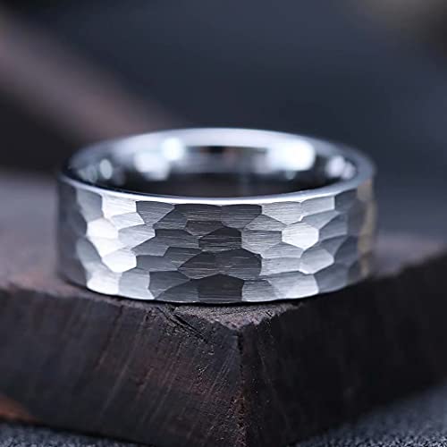 King Will Hammered 8mm Silver Tungsten Ring Hammer Men Wedding Band Comfort Fit - color: A-silver
