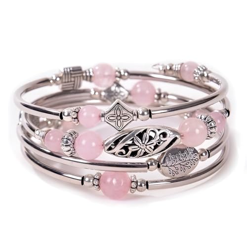 Boho Wrap Beaded Bracelet for Women – Handmade Natural Stone Jewelry – Stainless Steel Adjustable Ethnic Chic Gift - color: Pink Crystal