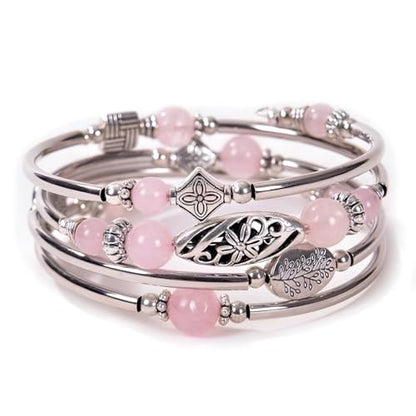 Boho Wrap Beaded Bracelet for Women – Handmade Natural Stone Jewelry – Stainless Steel Adjustable Ethnic Chic Gift - color: Pink Crystal