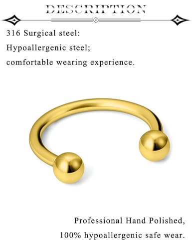 16G Septum Rings Surgical Steel Nose Septum Horseshoe Hoop Earring Eyebrow Tragus Helix Lip Piercing Jewelry Nipple Rings for Women Men 6mm 8mm 10mm 12mm 14mm 16mm - color: goldtone,ball