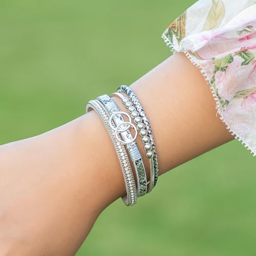 Chunky Boho Leather Wrap Bracelets Cowgirl Beaded Circle Western Jewelry | Stackable Infinity Layered Bohemian Magnetic Clasp Cuff Statement Fashion Colorful Country Hippie Outfits for Women Trendy - color: Snakeskin Silver