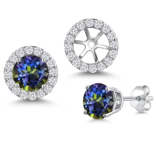 Gem Stone King 14K White Gold 6MM Round Gemstone Birthstone Stud Earrings with Removable Jackets and Lab Grown Diamond Accents | Gold Earrings For Women | Fine Jewelry Gift for Her Mom Women Wife - color: Blue Mystic Topaz