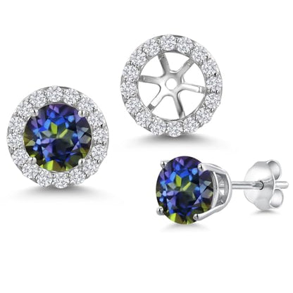 Gem Stone King 14K White Gold 6MM Round Gemstone Birthstone Stud Earrings with Removable Jackets and Lab Grown Diamond Accents | Gold Earrings For Women | Fine Jewelry Gift for Her Mom Women Wife - color: Blue Mystic Topaz