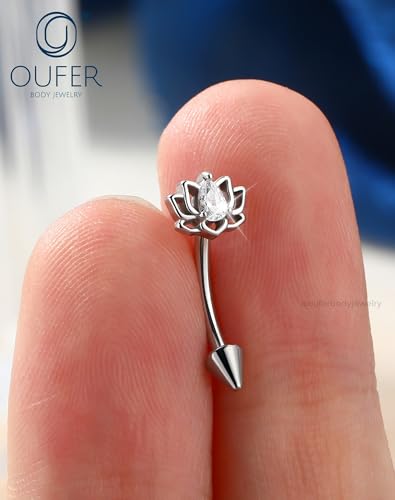 OUFER 16G Rook Piercing Jewelry, Lotus Eyebrow Earrings, 316L Surgical Steel Rook Earrings, Curved Barbell Lip Rings, Helix Cartilage Piercing Jewelry for Women - color: Silver
