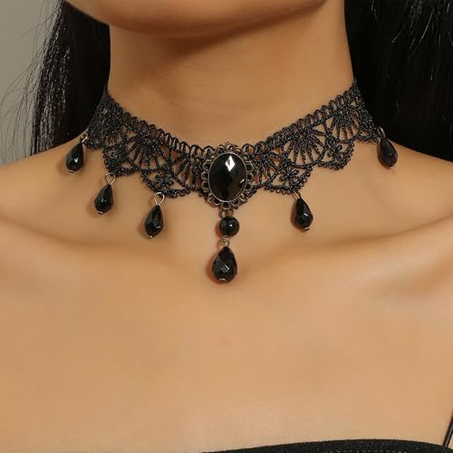 Black Gothic Vampire Necklace for Women Vintage Lace Rose Flower Witch Choker Collar Necklace Halloween Dark Bridal Cavewoman Costume Jewelry - style: black A
