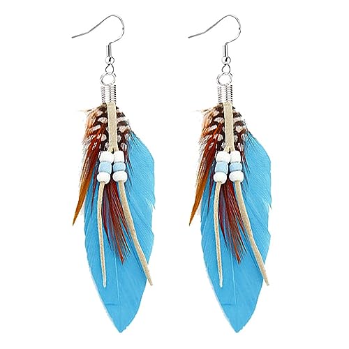 Feather Earrings for Women Vintage Bohemian Earrings Long Drop Dangle Earrings Feather Tassel Mesh Pendant Earrings Boho Fashion Personalized Flowing Lightweight Earrings Statement Unique Feather Earrings Handmade Jewelry - color: Sky Blue