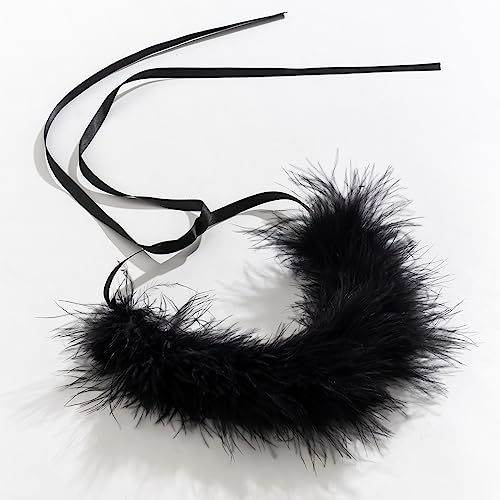 Winter Feather Choker Necklace Ribbon Fluffy Collar Necklace for Women Animal Villus Short Necklace Velvet Choker Party Birthday Costume Accessories Jewelry Gift - color: black