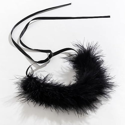Winter Feather Choker Necklace Ribbon Fluffy Collar Necklace for Women Animal Villus Short Necklace Velvet Choker Party Birthday Costume Accessories Jewelry Gift - color: black