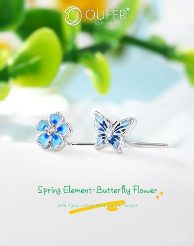 OUFER 2PCS Stainless Steel Nose Rings, Moon Star Butterfly Design 20G Nostril Dangle Piercing Jewelry - 7MM - style: Blue Butterfly Butterfly
