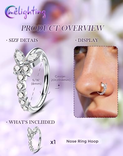 Melighting 20G Butterfly Nose Ring Hoop 8 mm Open Seamless Nose Piercing Jewelry Surgical Steel 316L, Twist Nostril Ring with Marquise and Round CZ, Silver Flower Body Piercing for Women - style: Butterfly