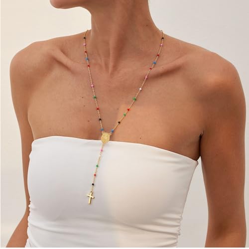 KURTCB Rhinestone Necklace for Women Boho Long Y Lariat Gold Necklace Stack Colorful Summer Beach Jewelry - color: Gold Rainbow