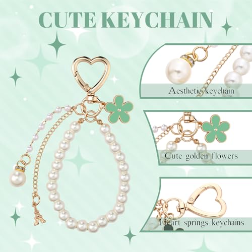 Sureio 5 Pcs Bag Extender Chain Pearl Purse Chain Ribbon Bow Keychain Extender Bag Strap Purse Charms Accessories for Handbag - color: Green and Gold