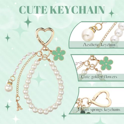 Sureio 5 Pcs Bag Extender Chain Pearl Purse Chain Ribbon Bow Keychain Extender Bag Strap Purse Charms Accessories for Handbag - color: Green and Gold