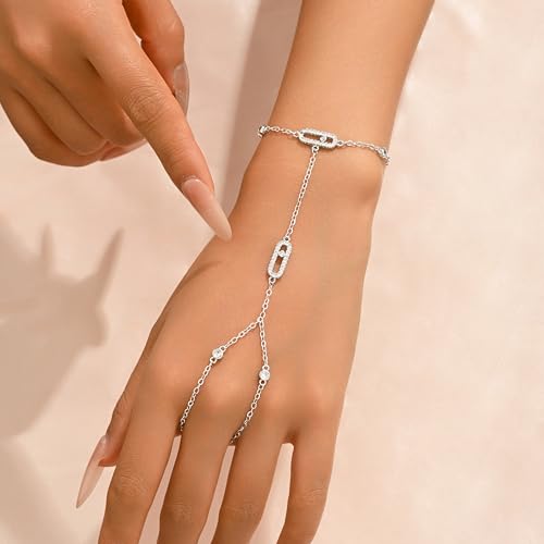 14K Gold Plated Paperclip Finger Chain Bracelet for Women | Adjustable Stackable Cubic Zirconia Hand Chain, Mother Daughter Birthday Wedding Jewelry Gifts - color: Silver