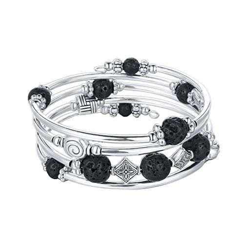 Beaded Pearl Bangle Wrap Bracelet - Fashion Bohemian Jewelry Multilayer Charm Bracelet with Thick Silver Metal Beads, Gift For Women - color: Lava Bracelet
