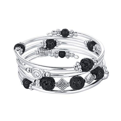 Beaded Pearl Bangle Wrap Bracelet - Fashion Bohemian Jewelry Multilayer Charm Bracelet with Thick Silver Metal Beads, Gift For Women - color: Lava Bracelet