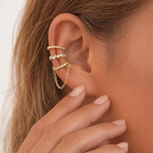Ear Cuffs Non Piercing Ear Cuff for Women Clip on Huggie Hoop Earrings Gold Fake Earring Cuff with Chain Clips Minimalist Jewelry - color: B1:4pcs gold