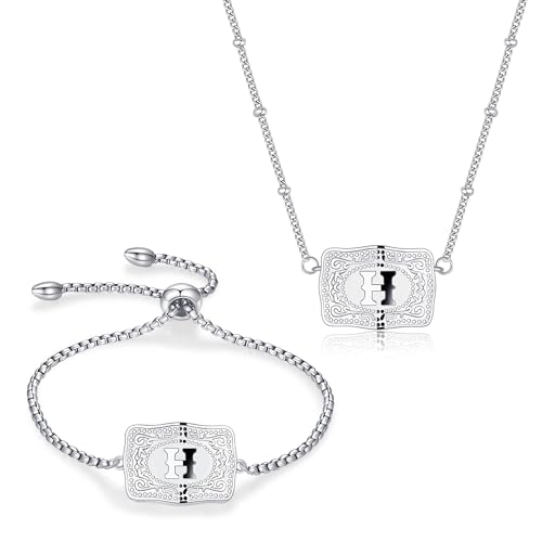 2 Pcs Belt Buckle Initial Necklace Bracelet Jewelry Set for Women, 18K Gold/Silver Plated Belt Buckle Initial A-Z Necklace Bracelet Set Unique Western Style Jewelry Gifts - style: H