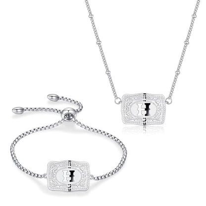 2 Pcs Belt Buckle Initial Necklace Bracelet Jewelry Set for Women, 18K Gold/Silver Plated Belt Buckle Initial A-Z Necklace Bracelet Set Unique Western Style Jewelry Gifts - style: H