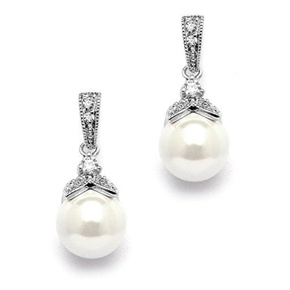 Mariell Pearl Drop Bridal Necklace Earrings Set with CZ Crystals for Bride, Bridesmaid, Birthday Gift - color: Silver Earring Only