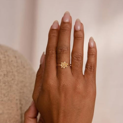 Birth Flower Stacking Ring for Women | 14K Gold Plated Brass, 12 Engraved Floral Motifs, Slim Stack-Ready Band, Available in US Sizes 5-9 - style: Jul.-Lotus