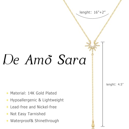 Lariat Gold Necklace for Women, Dainty Long Necklaces 14k Gold Plated Y-Shaped Layered Drop Necklaces for Women Trendy Simple Gold Jewelry for Prom Vacation Gifts - color: Sun Necklace-Gold