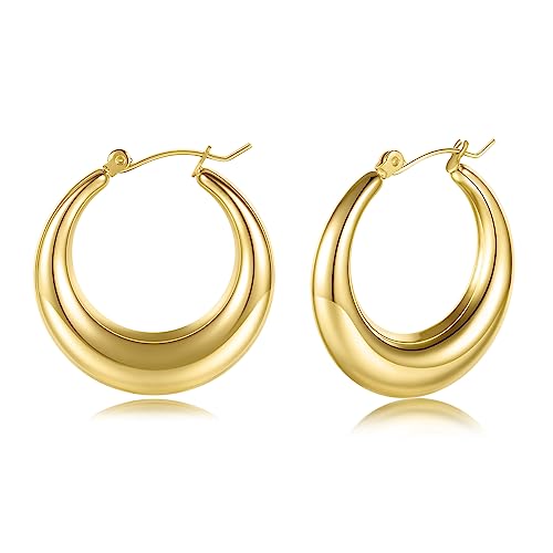 316L Chunky Stainless Steel Hoop Earrings, Fashionable Lightweight Hollow Open Hoops, Hypoallergenic Whtie Gold Plated Pipe Earrings for Women - style: 30mm, Yellow Gold