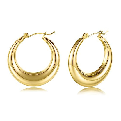 316L Chunky Stainless Steel Hoop Earrings, Fashionable Lightweight Hollow Open Hoops, Hypoallergenic Whtie Gold Plated Pipe Earrings for Women - style: 30mm, Yellow Gold