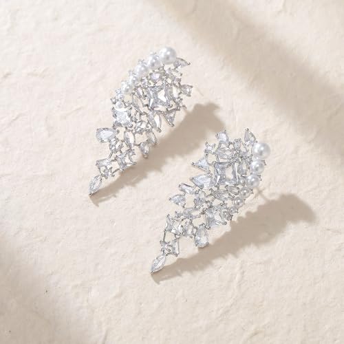 Crysdue Simulated Pearl Earrings for Women, Dainty Silver/Gold/Rose Gold Plated Cubic Zirconia Drop Dangle Earrings Wedding Jewelry for Bride Bridesmaid - style: J_Silver