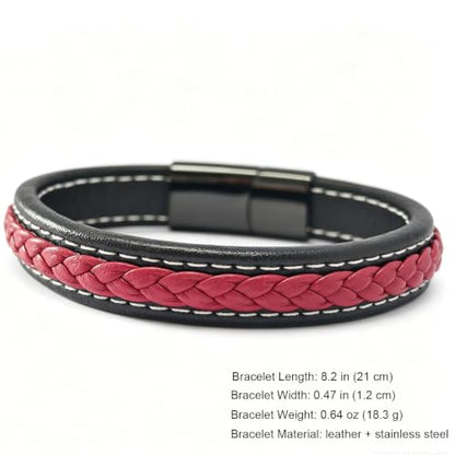 Italian Handmade Leather Bracelets for Men - color: Black Red, size: 8.2"