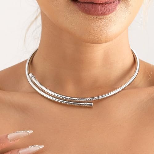 Stainless Steel Collar Necklace for Women Men Minimalist Open Cuff Clavicle Necklace Adjustable African Geometric Metal Choker Statement Jewelry Gifts - color: Silver