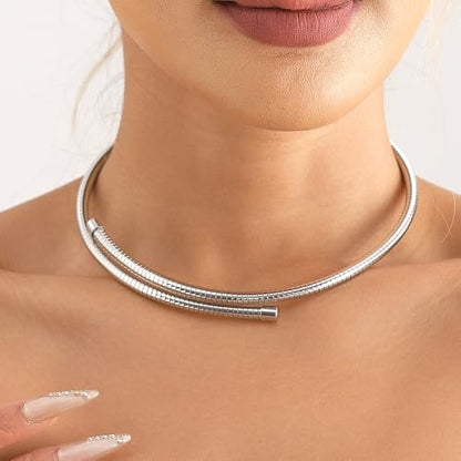 Stainless Steel Collar Necklace for Women Men Minimalist Open Cuff Clavicle Necklace Adjustable African Geometric Metal Choker Statement Jewelry Gifts - color: Silver