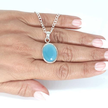 Chunky Natural Gemstone Pendant Necklace For Women Onyx, Turquoise, Amber, Garnet Oval Boho Genuine 925 Sterling Silver Handmade Jewelry - color: Blue Chalcedony