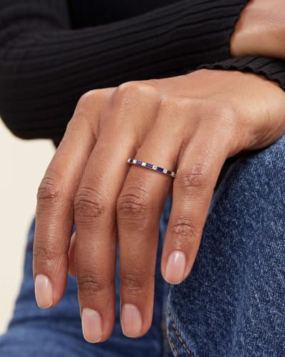 925 Sterling Silver 1.5mm Thin Baguette Stackable Rings for Women | Created Ruby/Sapphire/Emerald/Cubic Zirconia,Dainty Wedding Band Birthday Anniversary Jewelry(with Gift Box) - color: 05-Created Sapphire & CZ