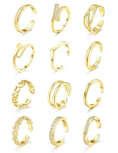 12Pcs Toe Rings for Women - 14K Gold Filled Toe Ring Non Tarnish Adjustable Simple Hug CZ Thin Band Toe Rings Summer Beach Foot Jewelry for Women - style: C-Gold
